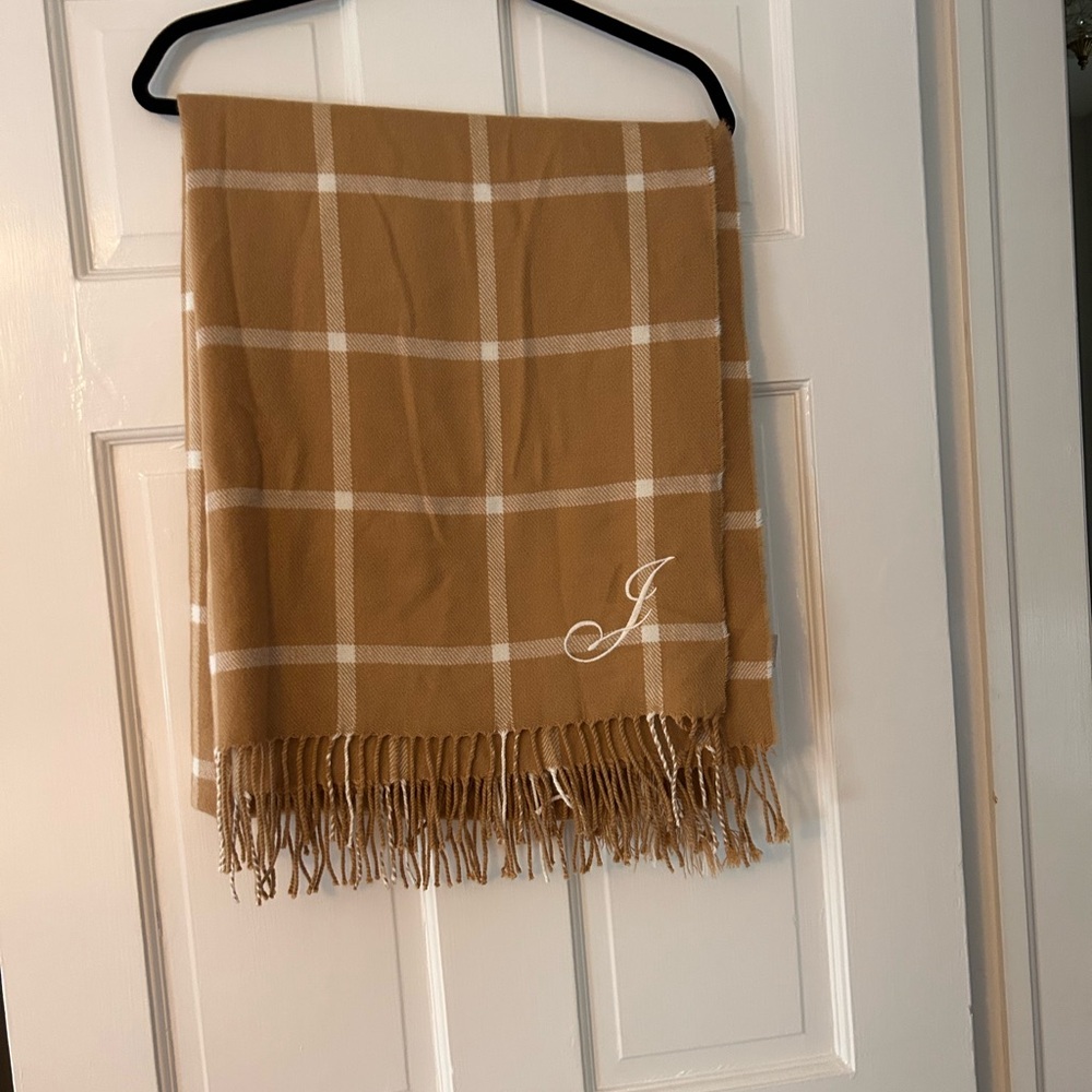 Mark & Graham Beige Plaid Blanket Scarf with Fringe and J Monogram